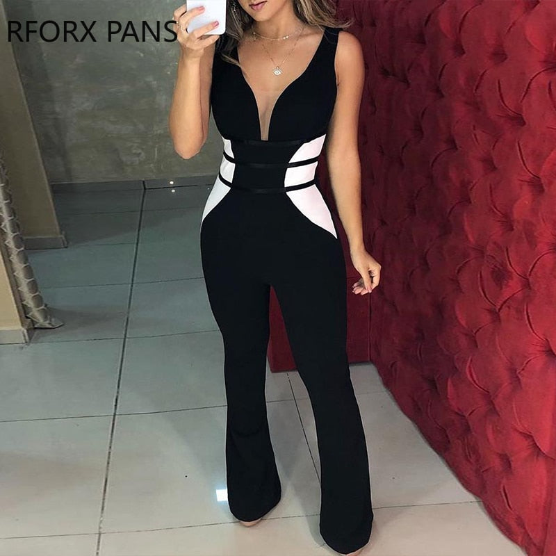 Contrast Color Mesh Insert Jumpsuits Office Lady